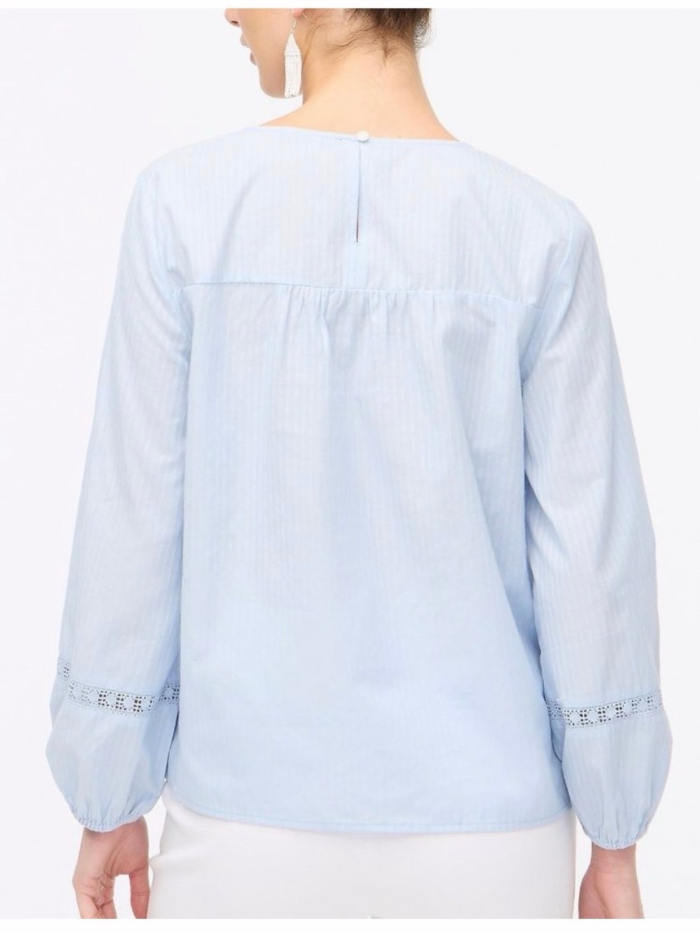 J. Crew Coastal Grandma Light Blue Cotton Lace Inset Peasant Long Sleeve Blouse - Picture 2 of 13